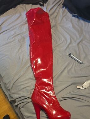 Pleaser Red Patent Over-the-Knee Stiletto Boots